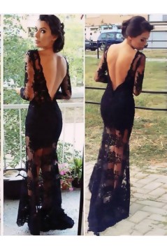 Long Sleeve Lace Black Low V-Back Evening Formal Party Dresses ED010727