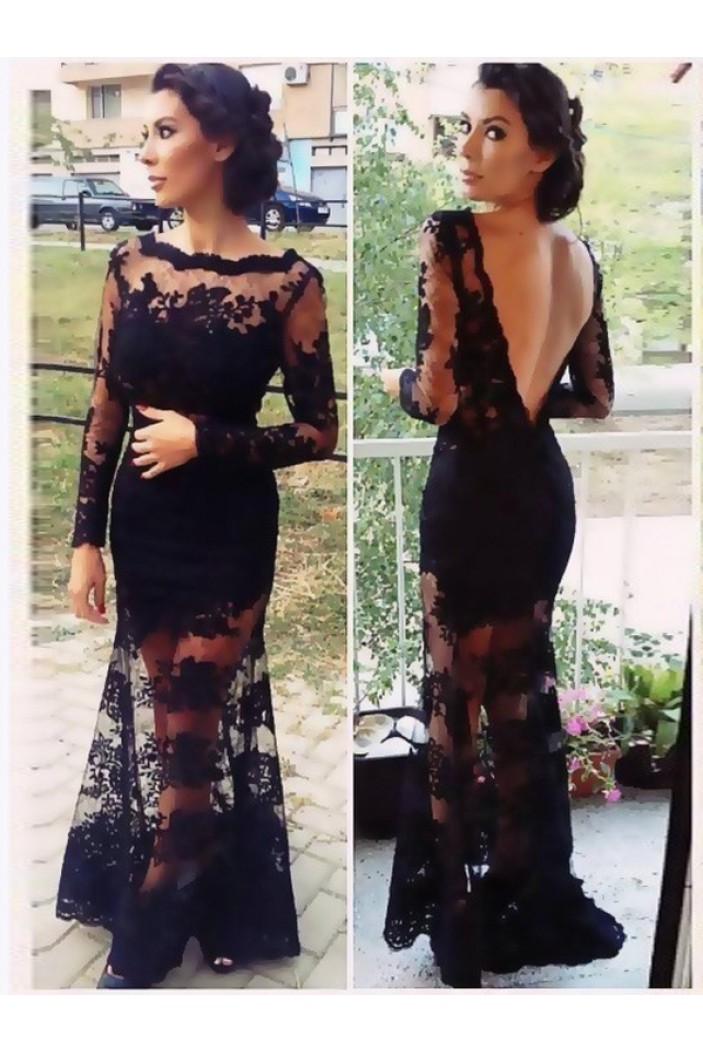 Long Sleeve Lace Black Low V-Back Evening Formal Party Dresses ED010727