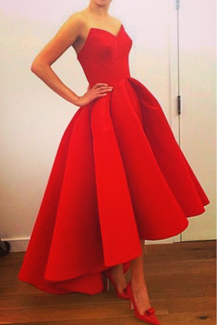 Real Pictures Strapless A-Line High Low Red Prom Dresses ED010737