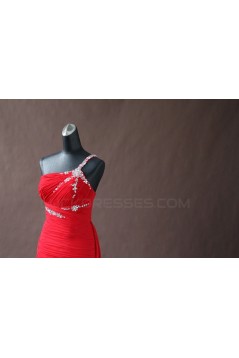 High Low One-Shoulder Beaded Red Chiffon Prom Evening Formal Party Dresses ED010770