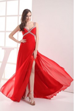 Sheath Beaded Straps Split-Front Long Red Chiffon Prom Evening Dresses ED010798