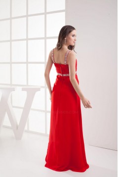 Sheath Beaded Straps Split-Front Long Red Chiffon Prom Evening Dresses ED010798