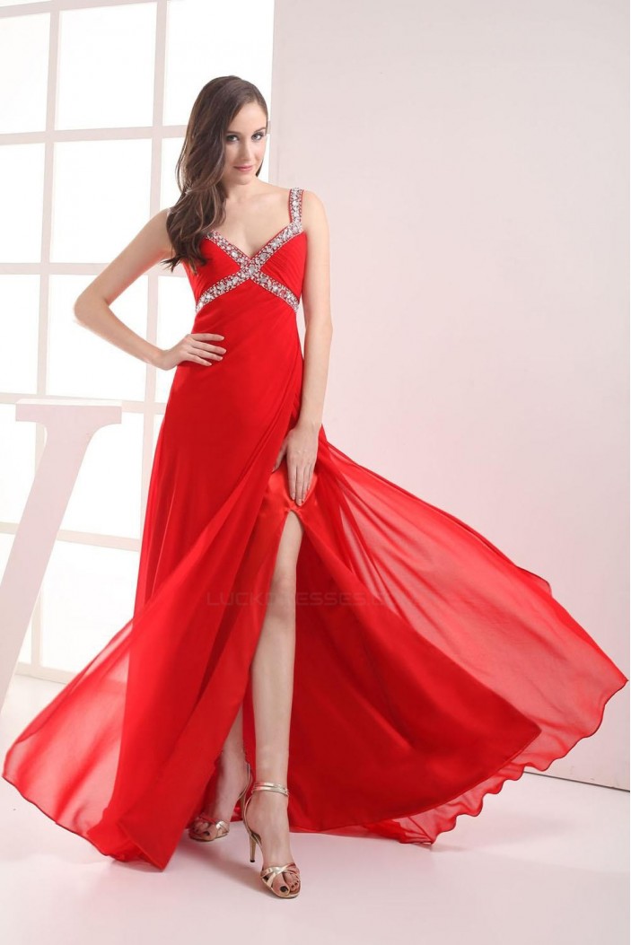 Sheath Beaded Straps Split-Front Long Red Chiffon Prom Evening Dresses ED010798