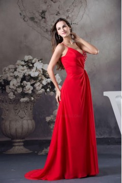 A-Line Spaghetti Strap Long Red Chiffon Beaded Prom Evening Dresses ED010802