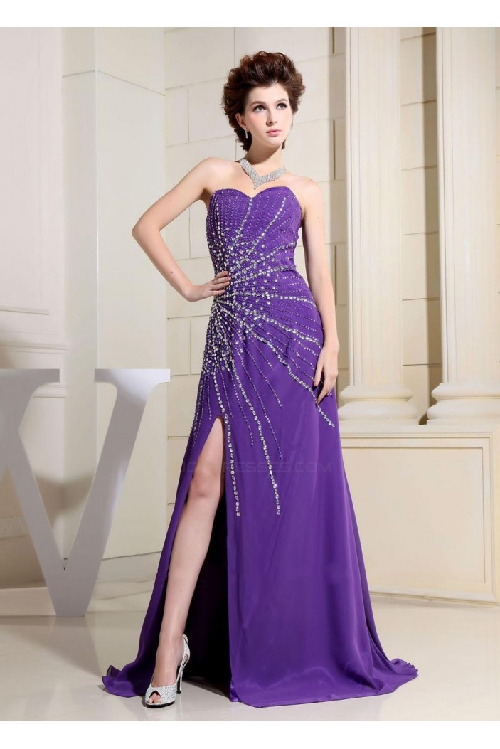 A-Line Sweetheart Beaded Long Purple Chiffon Prom Evening Dresses ED010810