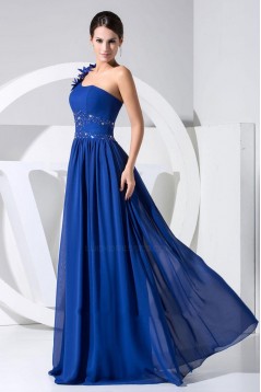 A-Line One-Shoulder Beaded Long Blue Chiffon Prom Evening Dresses ED010837