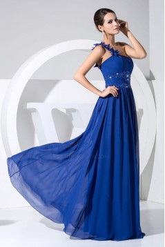 A-Line One-Shoulder Beaded Long Blue Chiffon Prom Evening Dresses ED010837