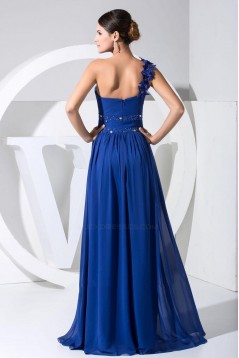 A-Line One-Shoulder Beaded Long Blue Chiffon Prom Evening Dresses ED010837