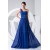 A-Line One-Shoulder Beaded Long Blue Chiffon Prom Evening Dresses ED010837