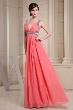 A-Line Beaded Straps Sleeveless Long Chiffon Prom Evening Dresses ED010845