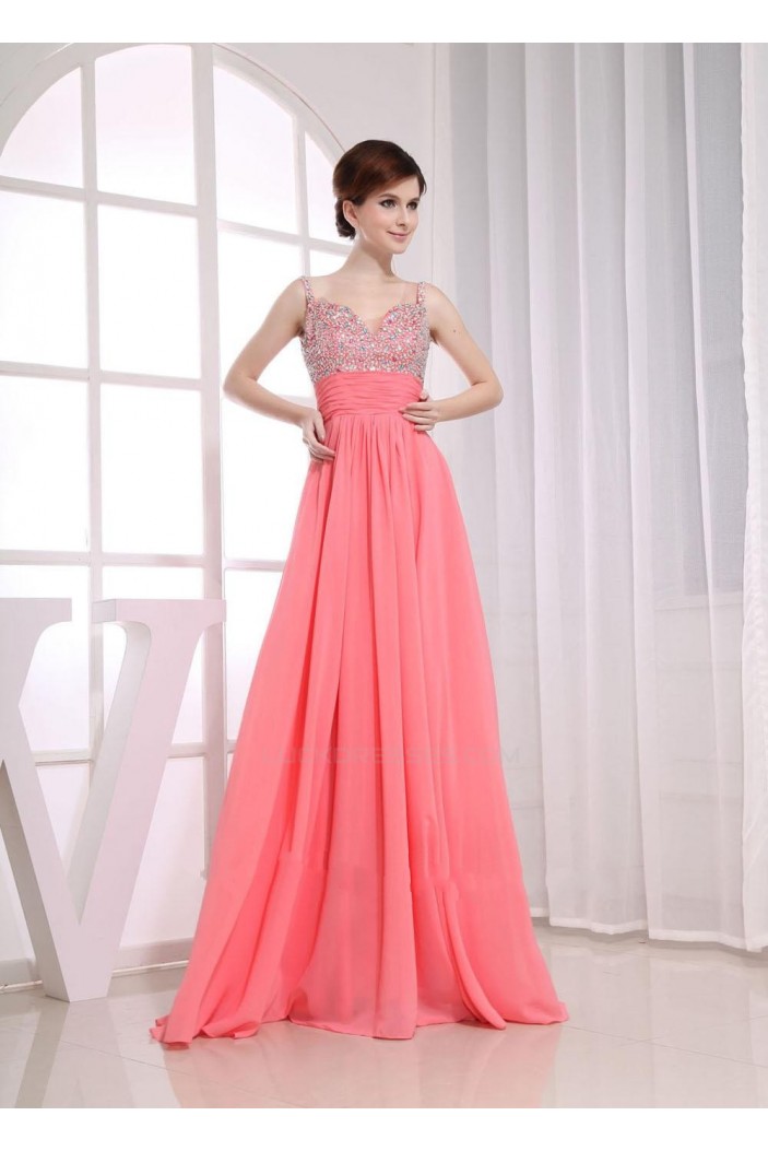 A-Line Beaded Straps Long Chiffon Prom Evening Formal Dresses ED010855
