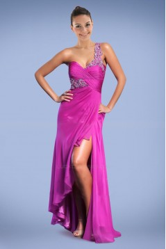 Sheath One-Shoulder Split-Front Beaded Long Chiffon Prom Evening Formal Dresses ED010893