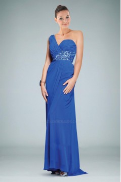 Sheath/Column One-Shoulder Beaded Blue Long Chiffon Prom Evening Formal Dresses ED010902