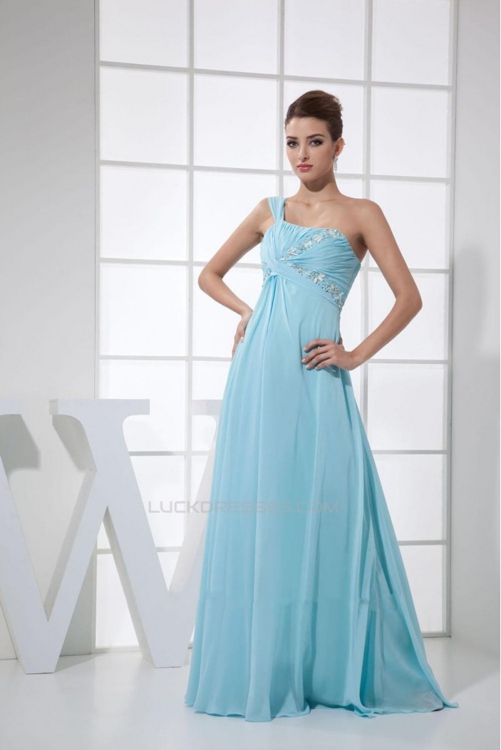 Empire One-Shoulder Beaded Blue Long Chiffon Prom Evening Formal Dresses Maternity Dresses ED010907