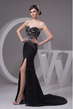 Beaded Sweetheart Split-Front Black Long Chiffon Prom Evening Formal Dresses ED010914