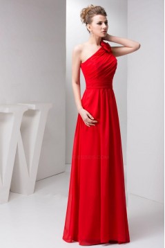 A-Line One-Shoulder Red Long Chiffon Prom Evening Formal Bridesmaid Dresses ED010919
