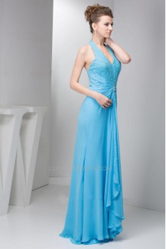 Sheath/Column Halter Beaded Blue Long Chiffon Prom Evening Formal Dresses ED010920