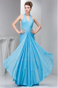 Sheath/Column Halter Beaded Blue Long Chiffon Prom Evening Formal Dresses ED010920