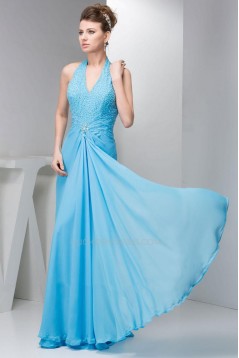 Sheath/Column Halter Beaded Blue Long Chiffon Prom Evening Formal Dresses ED010920