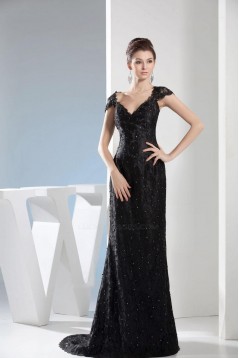 Long Black Cap Sleeve Beaded Lace Prom Evening Formal Dresses ED010935