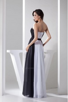 A-Line Strapless Black White Beaded Long Chiffon Prom Evening Formal Dresses ED010940