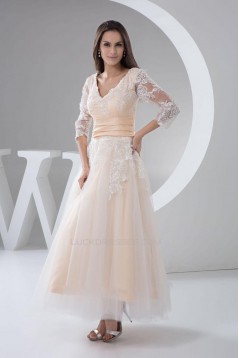 A-Line V-Neck Half Sleeve Applique Tulle Prom Evening Formal Dresses ED010943