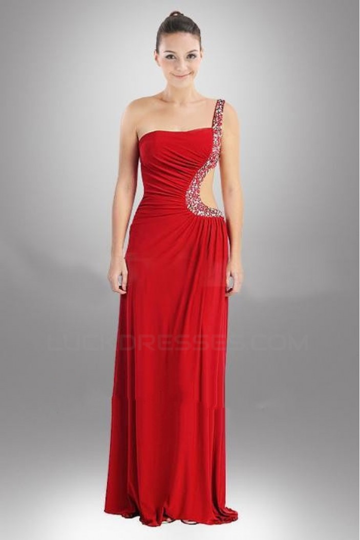 Sheath/Column One-Shoulder Beaded Red Long Chiffon Prom Evening Formal Dresses ED010947