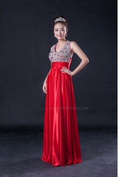 A-Line Beaded Long Red Prom Evening Formal Dresses ED010951