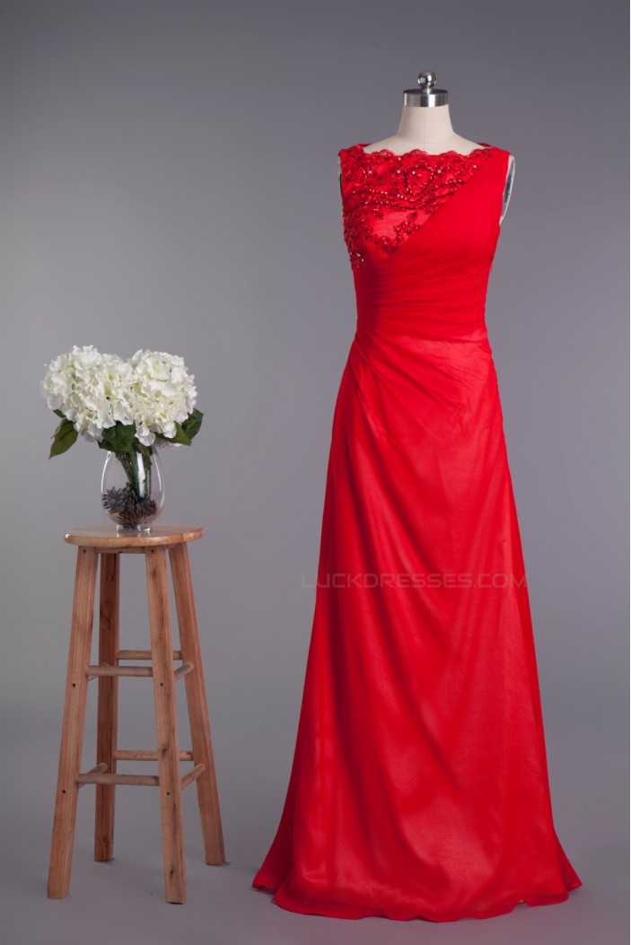 A-Line Bateau Beaded Applique Long Red Prom Evening Formal Dresses ED010961