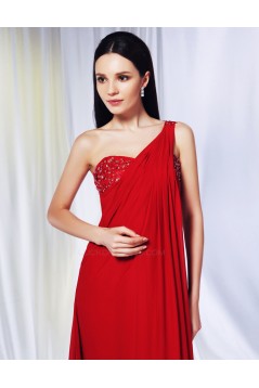 Sheath/Column One-Shoulder Beaded Long Red Chiffon Prom Evening Formal Dresses ED010966
