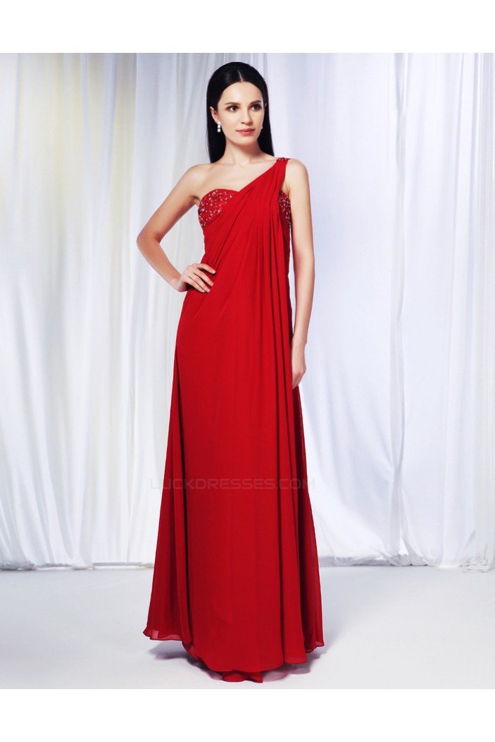 Sheath/Column One-Shoulder Beaded Long Red Chiffon Prom Evening Formal Dresses ED010966