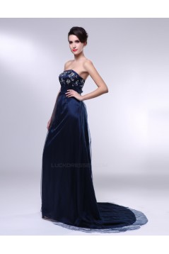 A-Line Strapless Navy Blue Long Prom Evening Formal Dresses ED010967