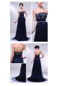 A-Line Strapless Navy Blue Long Prom Evening Formal Dresses ED010967