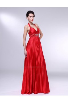 A-Line Halter Beaded Pleated Long Red Prom Evening Formal Dresses ED010970