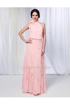 Sheath/Column High-Neck Beaded Long Pink Chiffon Prom Evening Formal Dresses ED010976