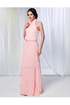 Sheath/Column High-Neck Beaded Long Pink Chiffon Prom Evening Formal Dresses ED010976
