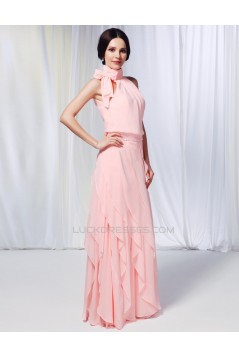 Sheath/Column High-Neck Beaded Long Pink Chiffon Prom Evening Formal Dresses ED010976