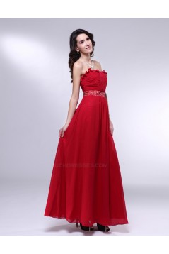A-Line Strapless Beaded Long Red Chiffon Prom Evening Formal Dresses ED010979