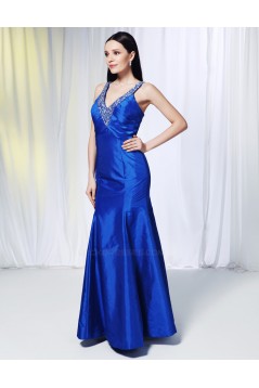 Trumpet/Mermaid V-Neck Beaded Long Blue Prom Evening Formal Dresses ED010982