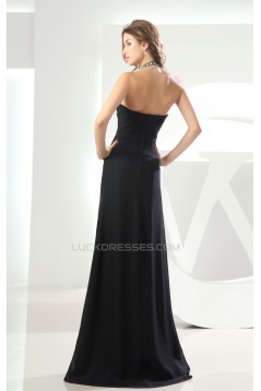 A-Line Brush Sweep Train Halter Chiffon Long Black Prom Evening Formal Dresses 02020007