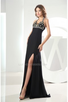 A-Line Brush Sweep Train Halter Chiffon Long Black Prom Evening Formal Dresses 02020007