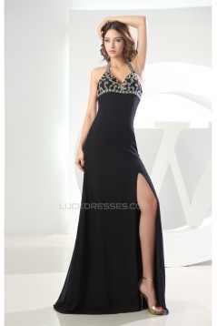 A-Line Brush Sweep Train Halter Chiffon Long Black Prom Evening Formal Dresses 02020007