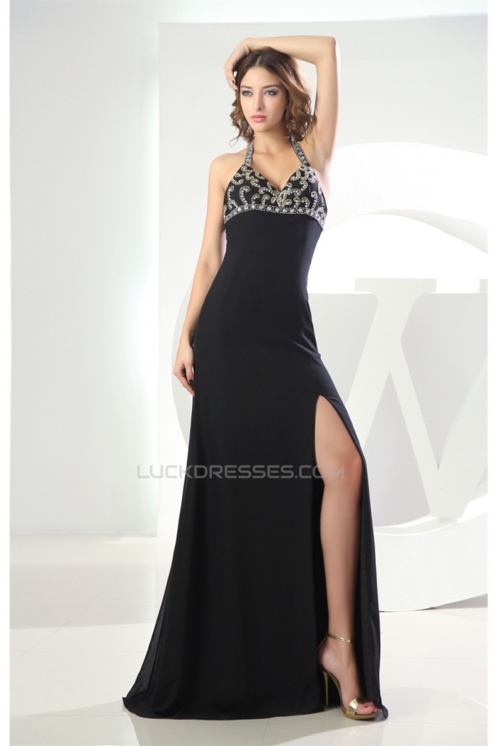 A-Line Brush Sweep Train Halter Chiffon Long Black Prom Evening Formal Dresses 02020007