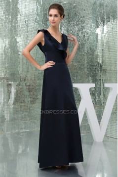 A-Line Falbala Silk like Satin V-Neck Long Evening Formal Bridesmaid Dresses 02020016