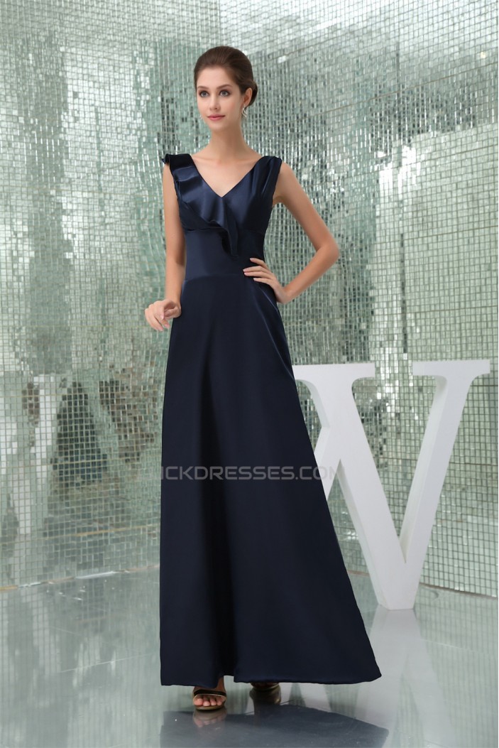 A-Line Falbala Silk like Satin V-Neck Long Evening Formal Bridesmaid Dresses 02020016