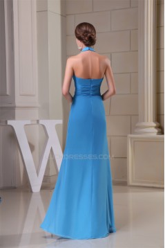 A-Line Floor-Length Ruched Halter Sleeveless Long Blue Party Formal Bridesmaid Dresses 02020019