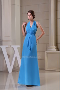 A-Line Floor-Length Ruched Halter Sleeveless Long Blue Party Formal Bridesmaid Dresses 02020019