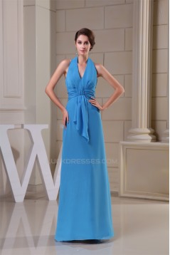 A-Line Floor-Length Ruched Halter Sleeveless Long Blue Party Formal Bridesmaid Dresses 02020019