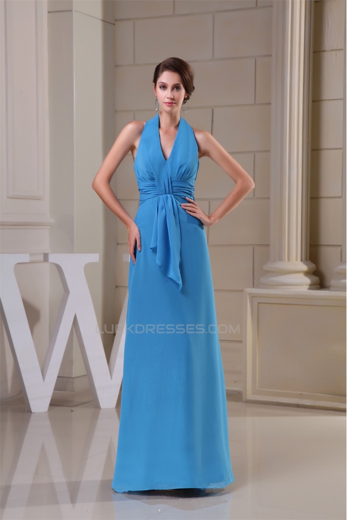 A-Line Floor-Length Ruched Halter Sleeveless Long Blue Party Formal Bridesmaid Dresses 02020019