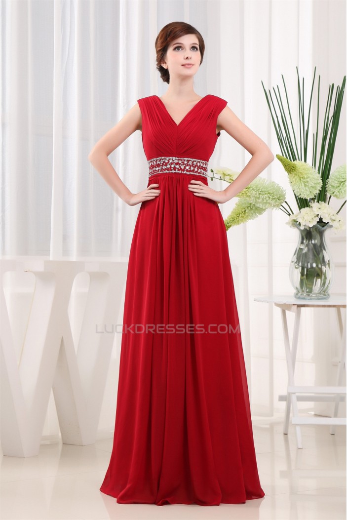 A-Line V-Neck Beading Floor-Length Sleeveless Long Red Prom Evening Bridesmaid Dresses 02020049